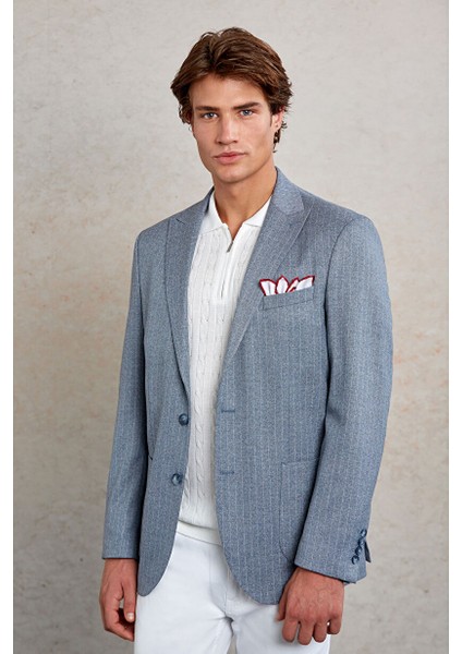 Lacivert Slim Fit Çizgili Sivri Yaka Casual Ceket