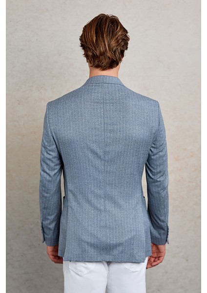 Lacivert Slim Fit Çizgili Sivri Yaka Casual Ceket
