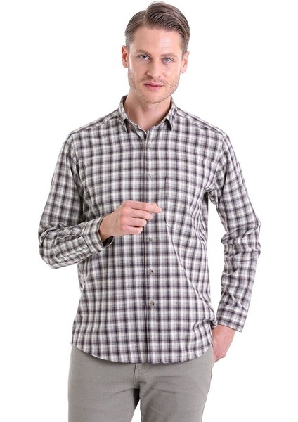 Bej Klasik Fit Kareli Slim Yaka Uzun Kollu Casual Flanel Gömlek