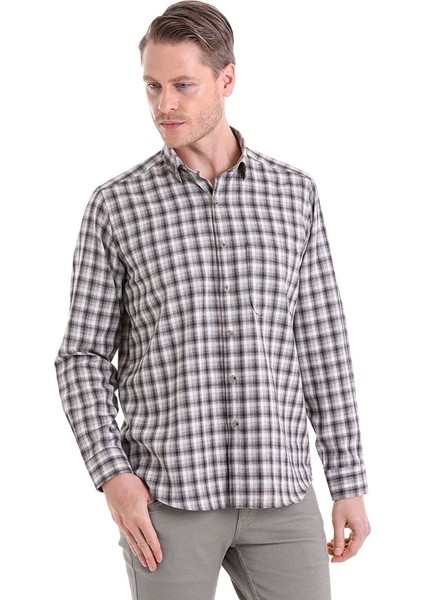 Bej Klasik Fit Kareli Slim Yaka Uzun Kollu Casual Flanel Gömlek