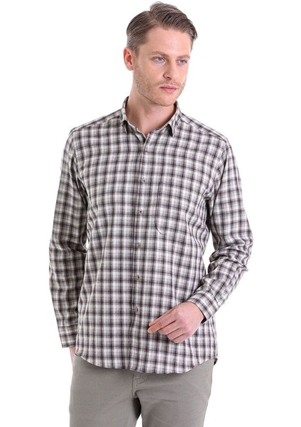 Bej Klasik Fit Kareli Slim Yaka Uzun Kollu Casual Flanel Gömlek