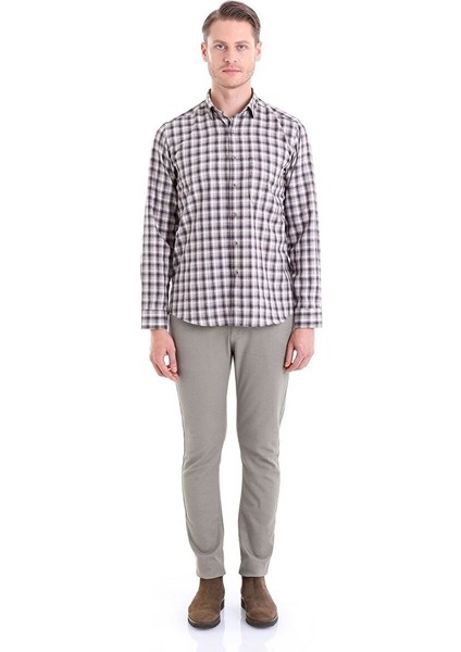 Bej Klasik Fit Kareli Slim Yaka Uzun Kollu Casual Flanel Gömlek
