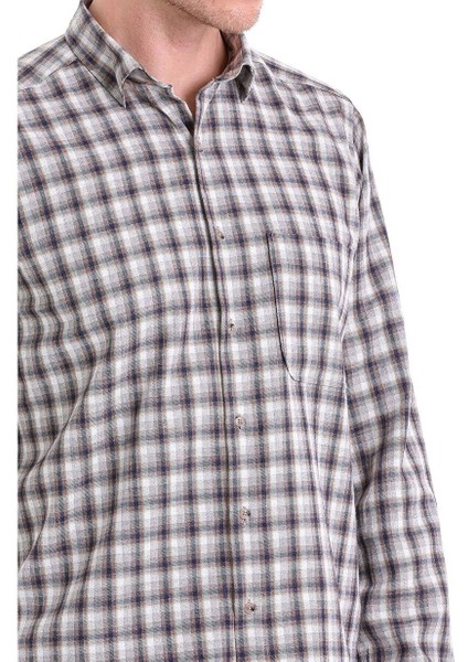 Bej Klasik Fit Kareli Slim Yaka Uzun Kollu Casual Flanel Gömlek
