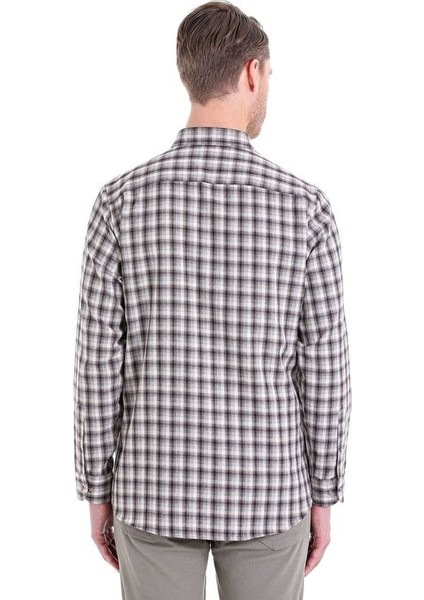 Bej Klasik Fit Kareli Slim Yaka Uzun Kollu Casual Flanel Gömlek