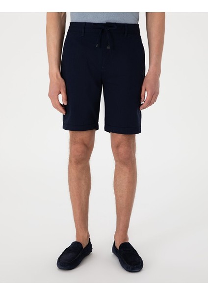 Lacivert Slim Fit Dokuma Şort