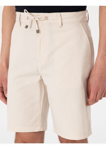 Bej Slim Fit Dokuma Şort