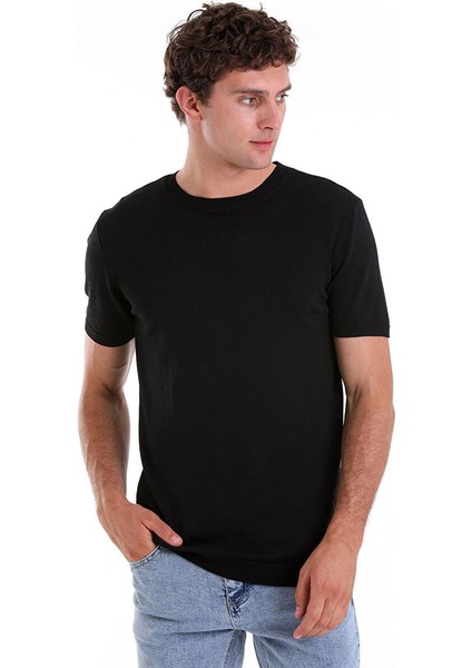Siyah Regular Fit Düz Bisiklet Yaka Rayon Triko Tişört