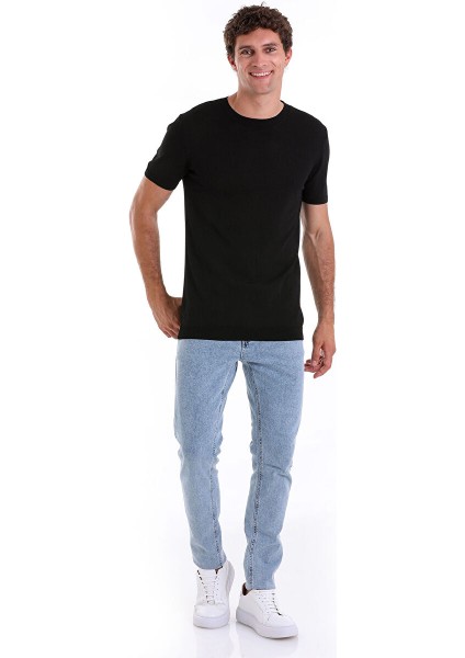 Siyah Regular Fit Düz Bisiklet Yaka Rayon Triko Tişört