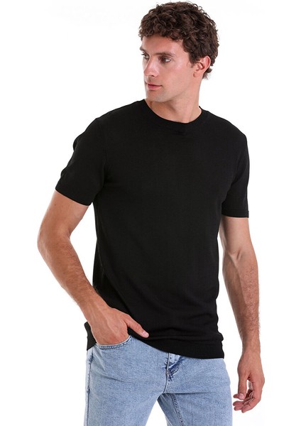 Siyah Regular Fit Düz Bisiklet Yaka Rayon Triko Tişört