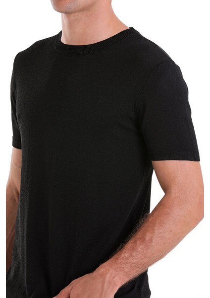 Siyah Regular Fit Düz Bisiklet Yaka Rayon Triko Tişört