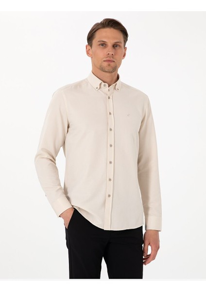 Bej Slim Fit Uzun Kollu Gömlek
