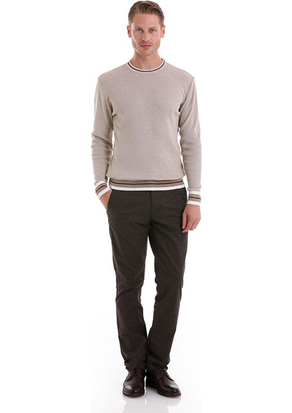 Bej Comfort Fit Düz Pamuklu Bisiklet Yaka Casual Triko Kazak fiyatları