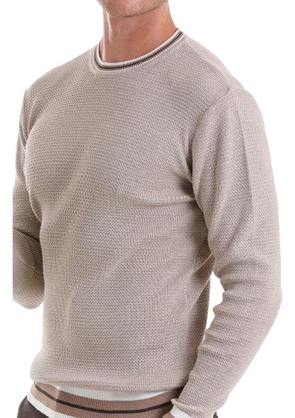 Bej Comfort Fit Düz Pamuklu Bisiklet Yaka Casual Triko Kazak indirimleri