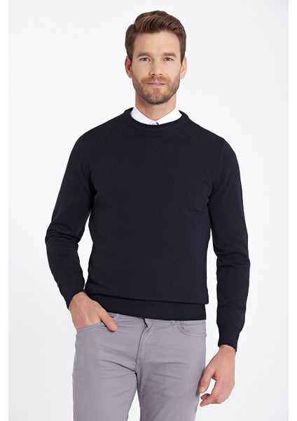 Lacivert Regular Fit Düz Bisiklet Yaka Triko Kazak