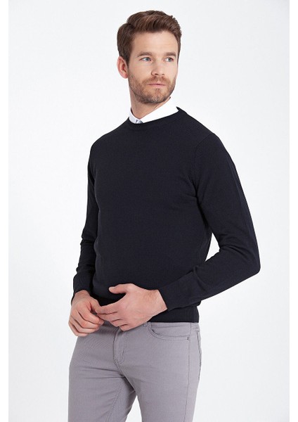Lacivert Regular Fit Düz Bisiklet Yaka Triko Kazak