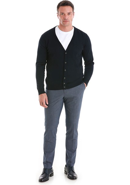 Lacivert Regular Fit Düz V Yaka Triko Hırka
