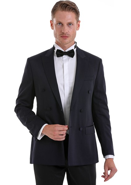 Lacivert Slim Fit Düz Sivri Yaka Klasik Kruvaze Smokin Damatlık