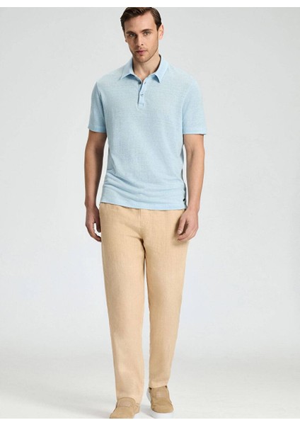 Saf Keten Açık Mavi Polo Yaka T-Shirt