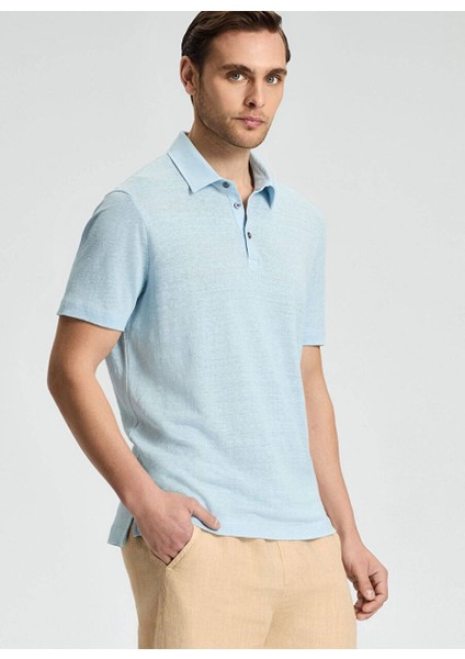 Saf Keten Açık Mavi Polo Yaka T-Shirt fiyatları