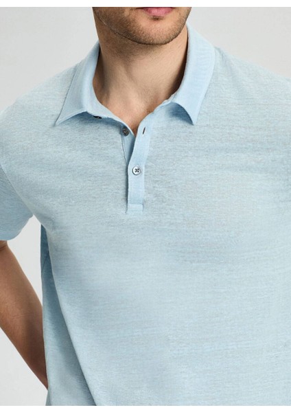 Saf Keten Açık Mavi Polo Yaka T-Shirt modelleri