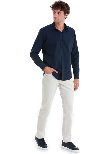 Lacivert Slim Fit Düz Slim Yaka Pamuklu Uzun Kollu Gömlek fiyatları