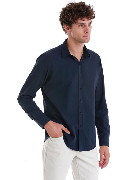 Lacivert Slim Fit Düz Slim Yaka Pamuklu Uzun Kollu Gömlek fırsatları