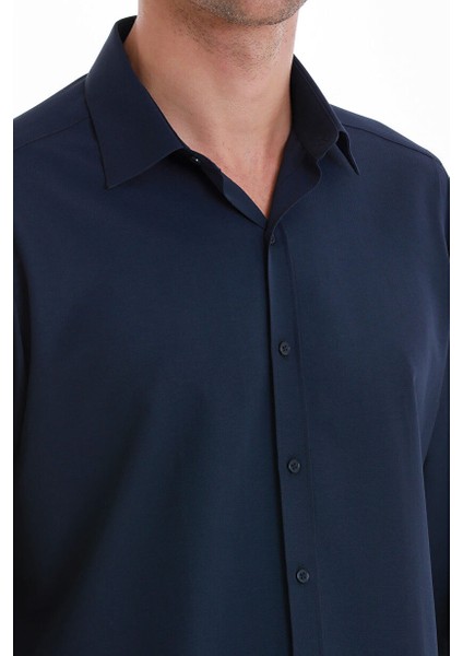 Lacivert Slim Fit Düz Slim Yaka Pamuklu Uzun Kollu Gömlek indirimleri
