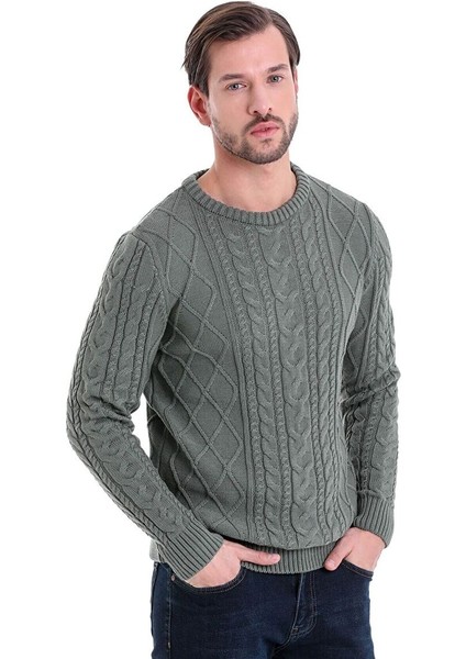Yeşil Comfort Fit Jakarlı Pamuklu Bisiklet Yaka Triko Kazak