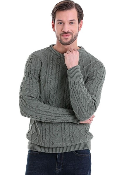 Yeşil Comfort Fit Jakarlı Pamuklu Bisiklet Yaka Triko Kazak fiyatları