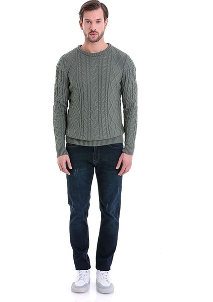 Yeşil Comfort Fit Jakarlı Pamuklu Bisiklet Yaka Triko Kazak fırsatları