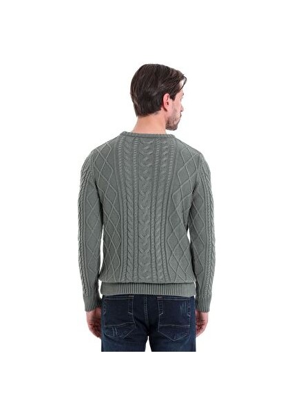 Yeşil Comfort Fit Jakarlı Pamuklu Bisiklet Yaka Triko Kazak