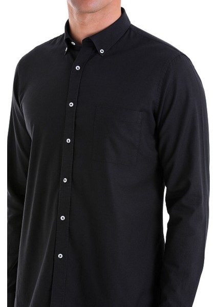 Siyah Comfort Fit Düz 100% Pamuk Düğmeli Yaka Uzun Kollu Casual Oxford Gömlek indirimleri