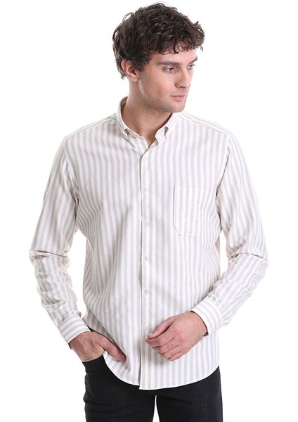 Bej Slim Fit Çizgili Dik Yaka Pamuklu Uzun Kollu Casual Gömlek fırsatları