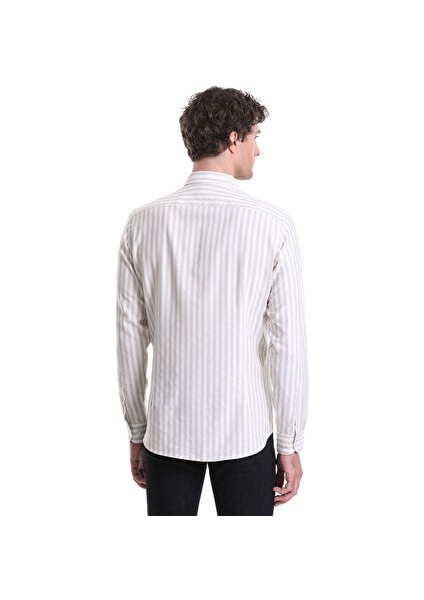 Bej Slim Fit Çizgili Dik Yaka Pamuklu Uzun Kollu Casual Gömlek