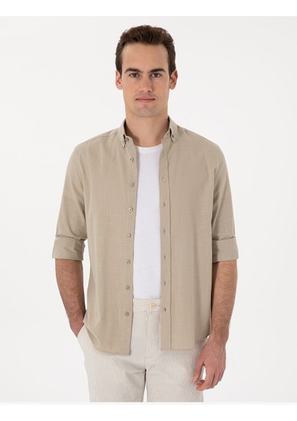 Haki Keten Görünümlü Slim Fit Uzun Kollu Gömlek