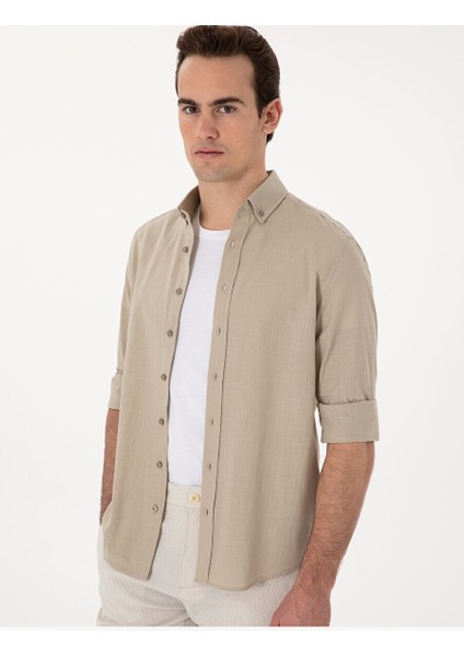 Haki Keten Görünümlü Slim Fit Uzun Kollu Gömlek modelleri