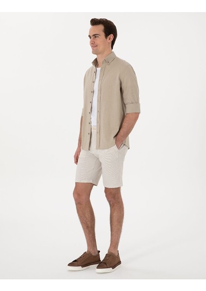 Haki Keten Görünümlü Slim Fit Uzun Kollu Gömlek fırsatları