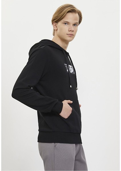Siyah Ön Arka Baskılı Kapüşonlu Pamuk Regular Fit Erkek Sweatshirt Multıcultured Hoodıe