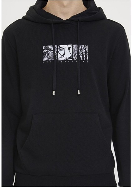 Siyah Ön Arka Baskılı Kapüşonlu Pamuk Regular Fit Erkek Sweatshirt Multıcultured Hoodıe