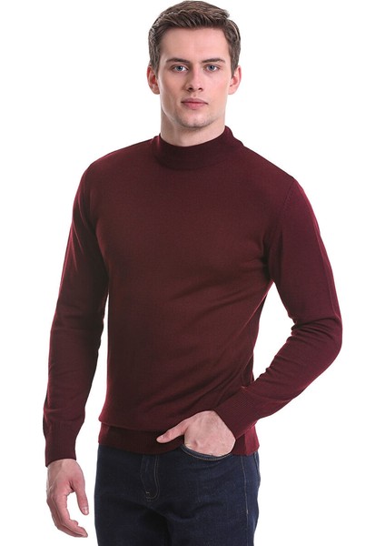 Bordo Regular Fit Düz Yarım Balıkçı Yaka Yünlü Triko Kazak