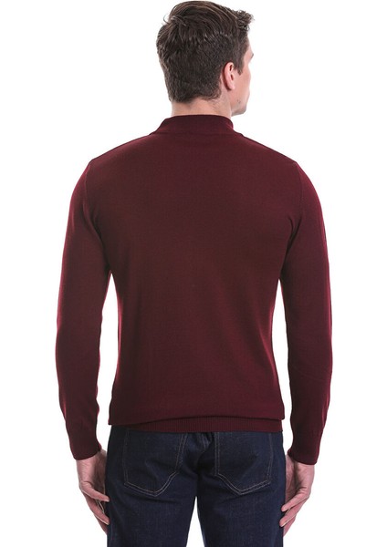 Bordo Regular Fit Düz Yarım Balıkçı Yaka Yünlü Triko Kazak