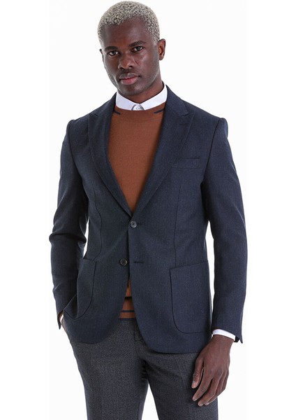Lacivert Comfort Fit Desenli Sivri Yaka Casual Ceket