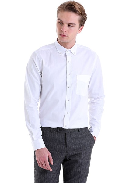 Beyaz Comfort Fit Düz 100% Pamuk Düğmeli Yaka Uzun Kollu Casual Gömlek fiyatları