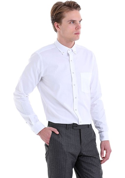 Beyaz Comfort Fit Düz 100% Pamuk Düğmeli Yaka Uzun Kollu Casual Gömlek modelleri