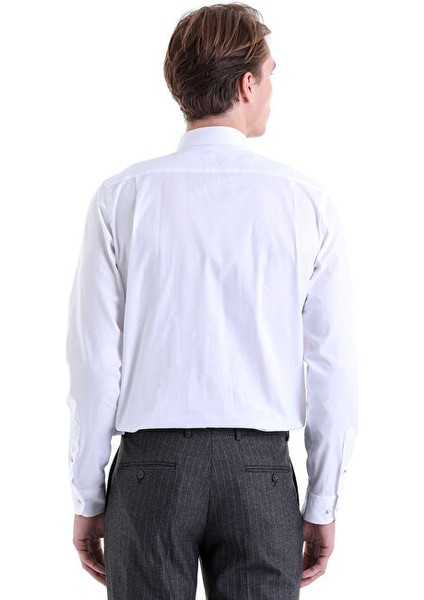 Beyaz Comfort Fit Düz 100% Pamuk Düğmeli Yaka Uzun Kollu Casual Gömlek