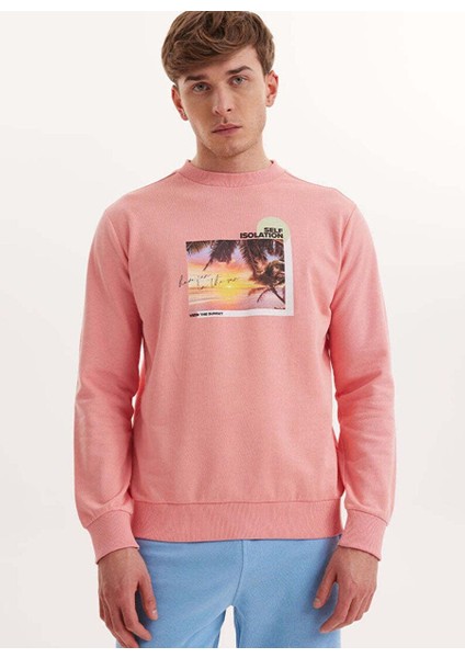 Pembe Baskılı Bisiklet Yaka Pamuklu Regular Fit Erkek Sweatshirt Wmcollage Fun