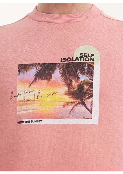 Pembe Baskılı Bisiklet Yaka Pamuklu Regular Fit Erkek Sweatshirt Wmcollage Fun