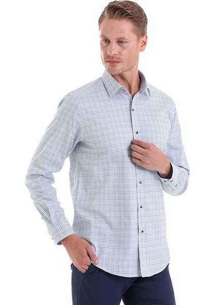 Yeşil Regular Fit Kareli 100% Pamuklu Slim Yaka Uzun Kollu Klasik Gömlek