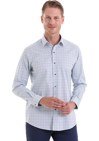 Yeşil Regular Fit Kareli 100% Pamuklu Slim Yaka Uzun Kollu Klasik Gömlek