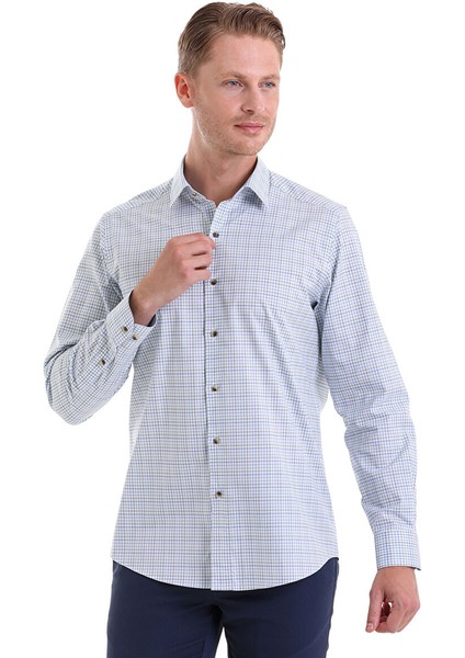 Yeşil Regular Fit Kareli 100% Pamuklu Slim Yaka Uzun Kollu Klasik Gömlek